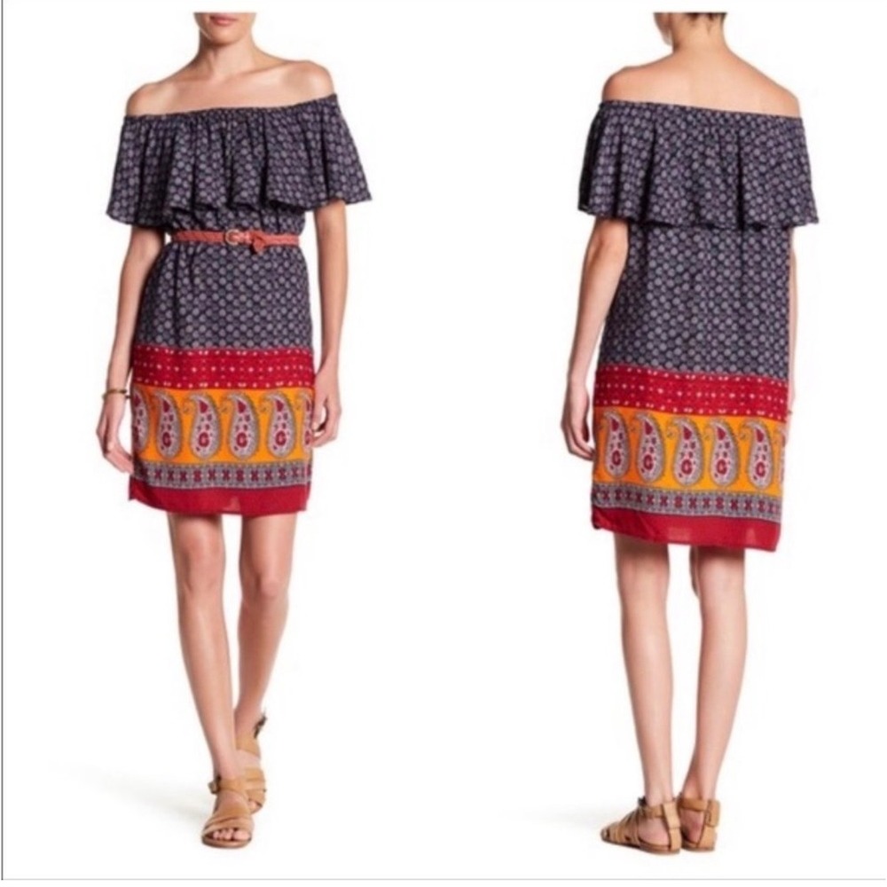 Summer Dress Beachlunchlounge Off The Shoulder Paisley Womens XL Navy Ruffle